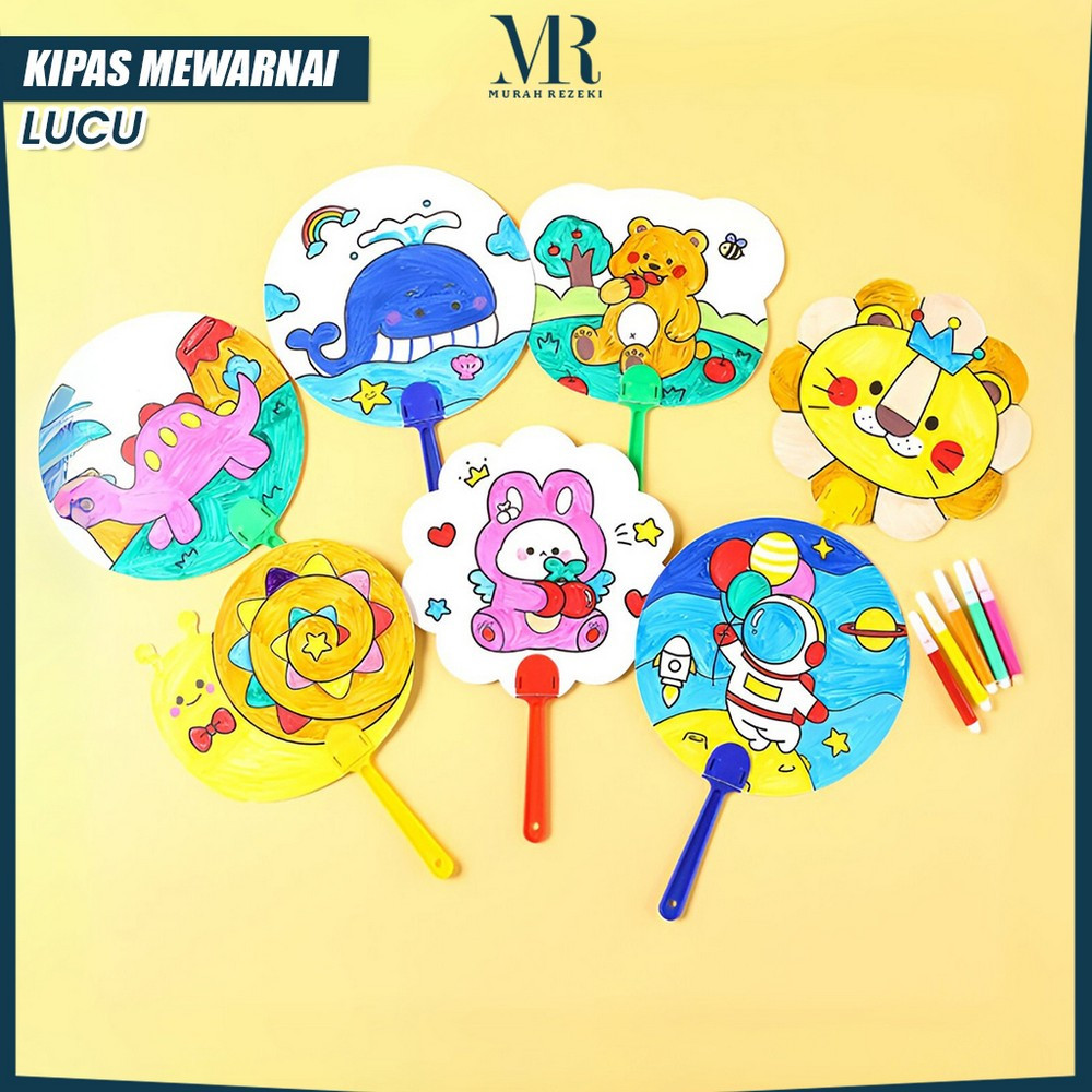 Mainan Kipas Mewarnai Anak Motif Astronot Dino Lucu / Kipas Kertas Bewarna Edukasi Kipas Tangan DIY 