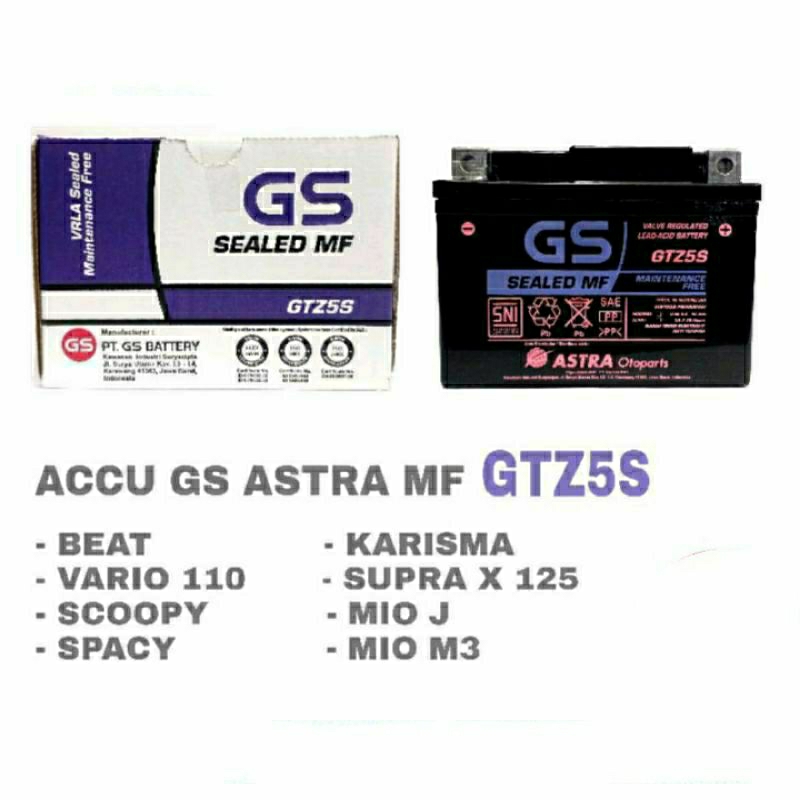 Accu Kering GTZ5S MF Original GS Astra Aki Motor Beat Fi Pop Esp Scoopy Fi Vario 110 Supra X 125 Kar