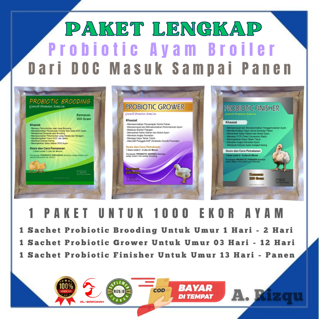 Paket Probiotik Suplemen Lengkap Broiler - Dari DOC Masuk Sampai Panen (1 Paket untuk 1000 Ekor Ayam