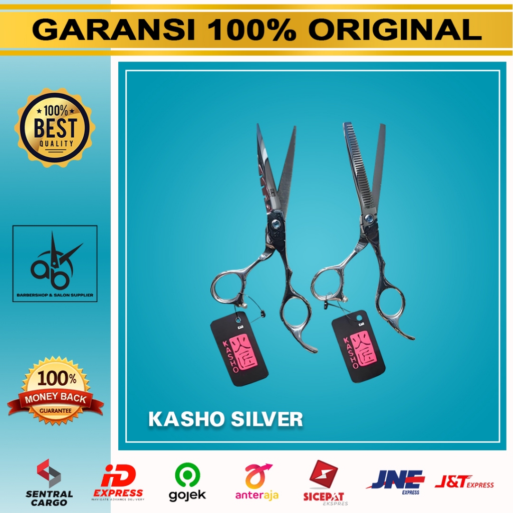 

Gunting Kasho Silver Full Stainless Steel Gunting Potong dan Penipis Rambut Barbershop dan Salon 6 inch