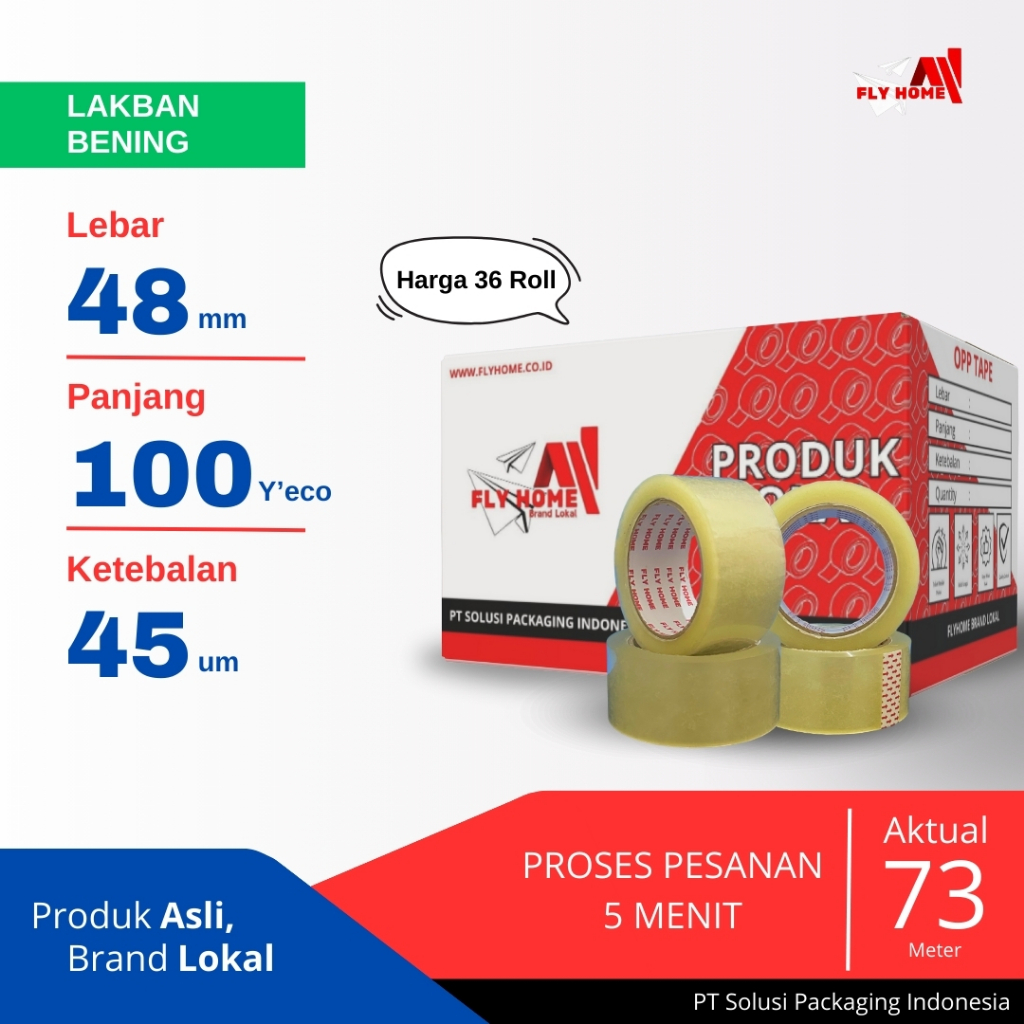 

FLYHOME Lakban bening 1/2dus 100yard 48mm x 100yard 2inci 36 roll 100 yard ECO