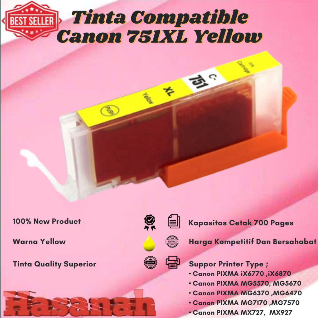 Tinta Catridge Canon Compatible 751XL Yellow For • Canon PIXMA iX6770, PIXMA iX6870, PIXMA MG5470 ,P