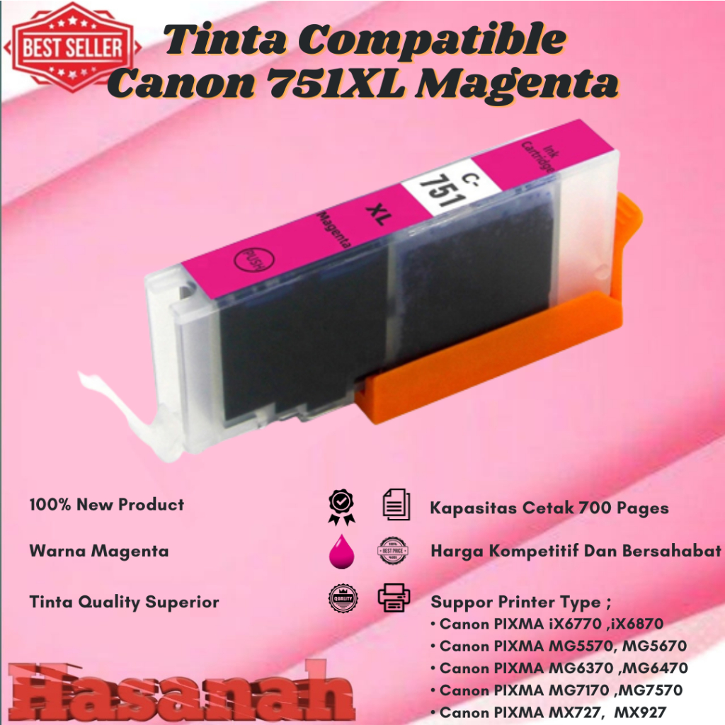 Tinta Catridge Canon Compatible 751XL Magenta For • Canon PIXMA iX6770, PIXMA iX6870, PIXMA MG5470 ,