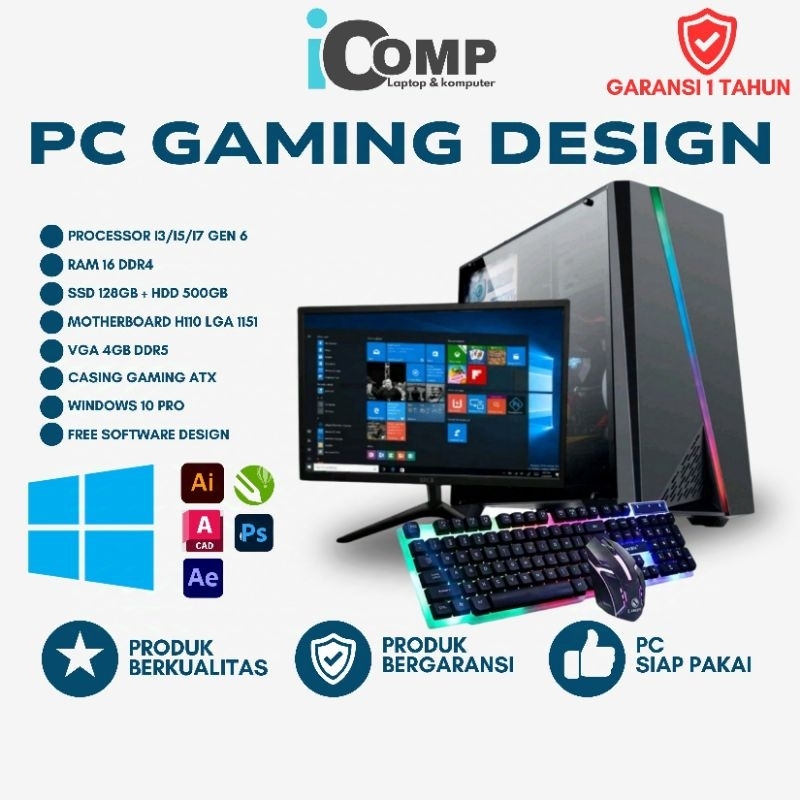Paket PC Gaming Design Core i7 RAM 16GB VGA 4GB SSD HDD Fullset Garansi 1 tahun