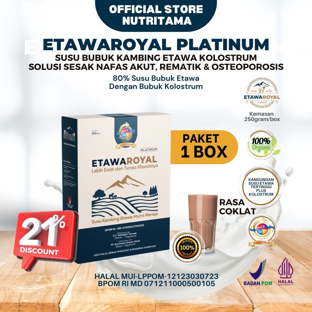 

Susu Kambing Etawa Rasa Cokelat - ETAWAROYAL Platinum - Untuk Sesak Nafas dan Nyeri Dada Kemasan 250gr Paket 1 Box