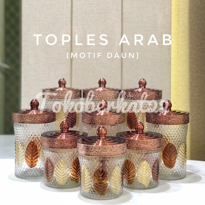 Toples Kaca Arab Coklat Import Tutup Putar motif DAUN / Toples Lebaran Impor model baru - include bu
