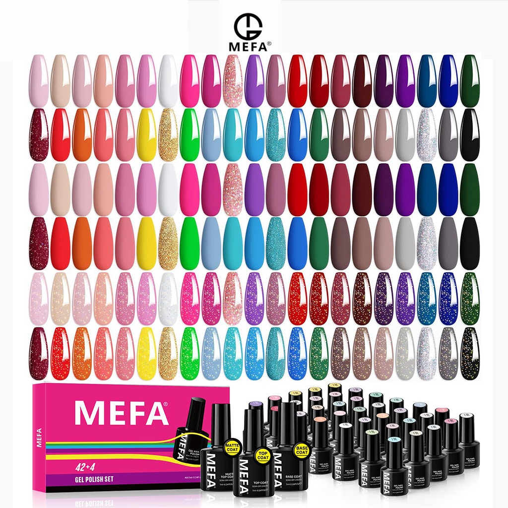 MEFA Gel Nail Polish Set dengan Nail Primer Base Coat Glitter Glossy Matte Top Coat 42 + 5 Kit hitam