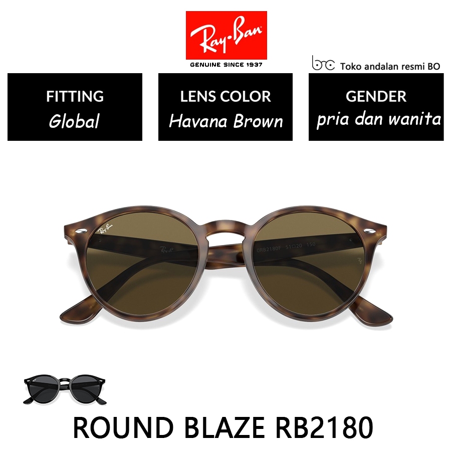 100% Original KACAMATA  Hitam Ray-Ban ROUND BLAZE RB2180 Sunglasses Havana Brown Black pria wanita