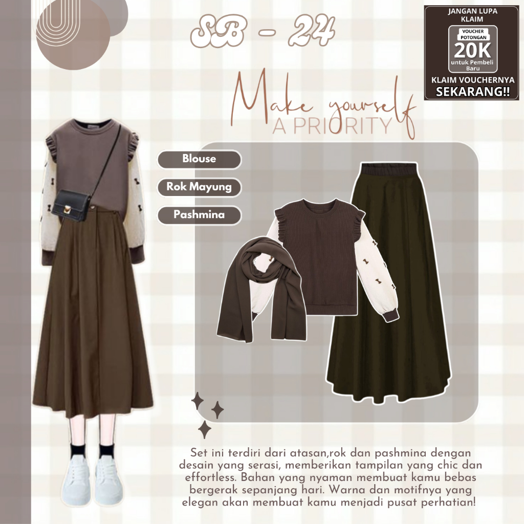 [ NEW PRODUCT ] One Set Wanita ( Blouse Rajut , Rok Mayung , Pashmina ) OOTD Kekinian | SB - 24