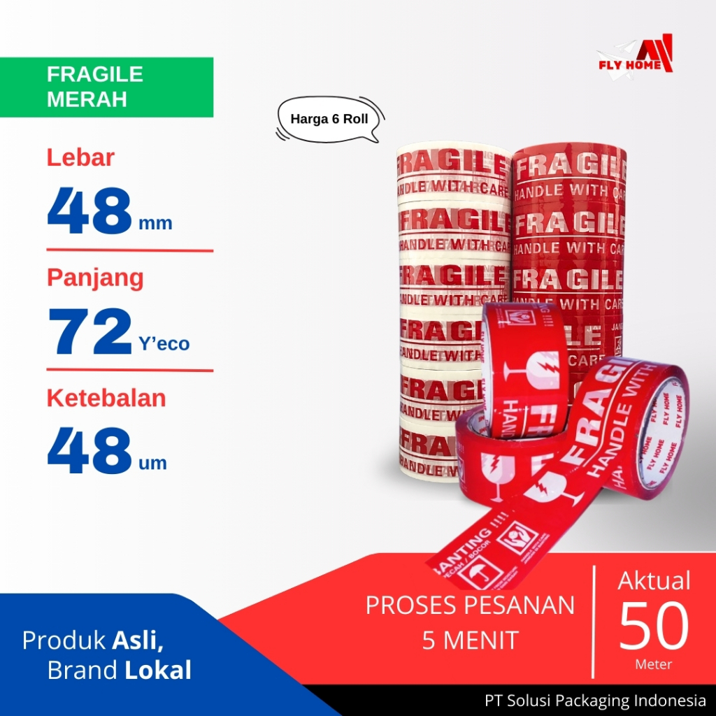 

FLYHOME Fragile merah 6 roll 72yard 48mm x 72yard 2inchi lakban Fragile 72yard ECO