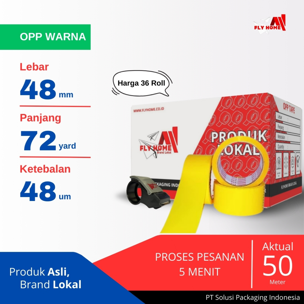 

FLYHOME Lakban warna kuning 1/2 dus 72 yard 48mm x 72yard 36 roll 2inchi ECO