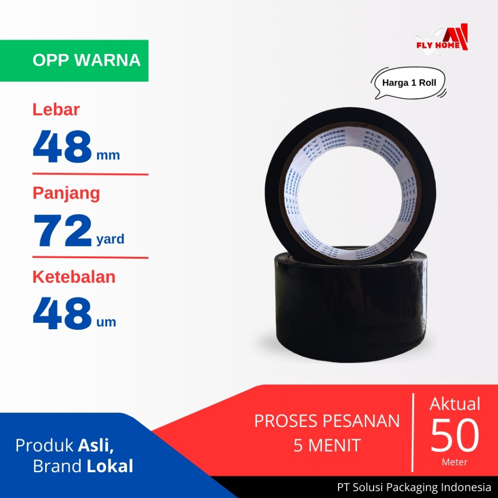 

FLYHOME Lakban warna hitam 72 yard 1 roll 48mm x 72yard 2inchi ECO