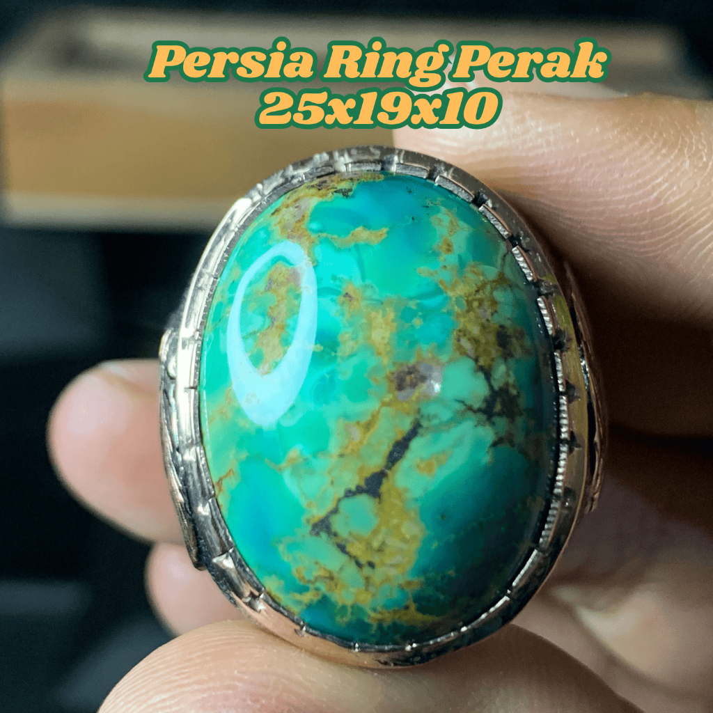 Pirus Persia Hijau Gradasi Urat Emas Full Porslen Ring Perak Size 8