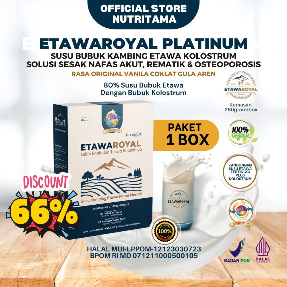 

ETAWAROYAL Kolostrum Perubahan merk Etawaplus Platinum Asli | Susu Tulang Kuat | Susu Kambing Etawa | Susu Etawa Premium | Susu Etawalin | Susu Etawaku 250gr Paket 1 Box