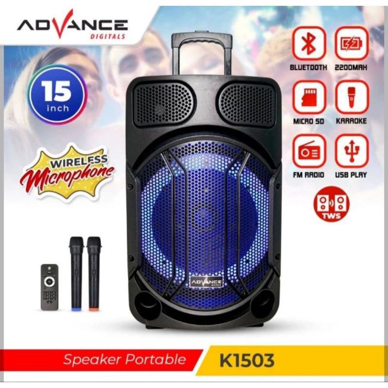 SPEAKER PORTABLE 15 INCHI ADVANCE K 1503 FREE MICROPHONE WIRELESS