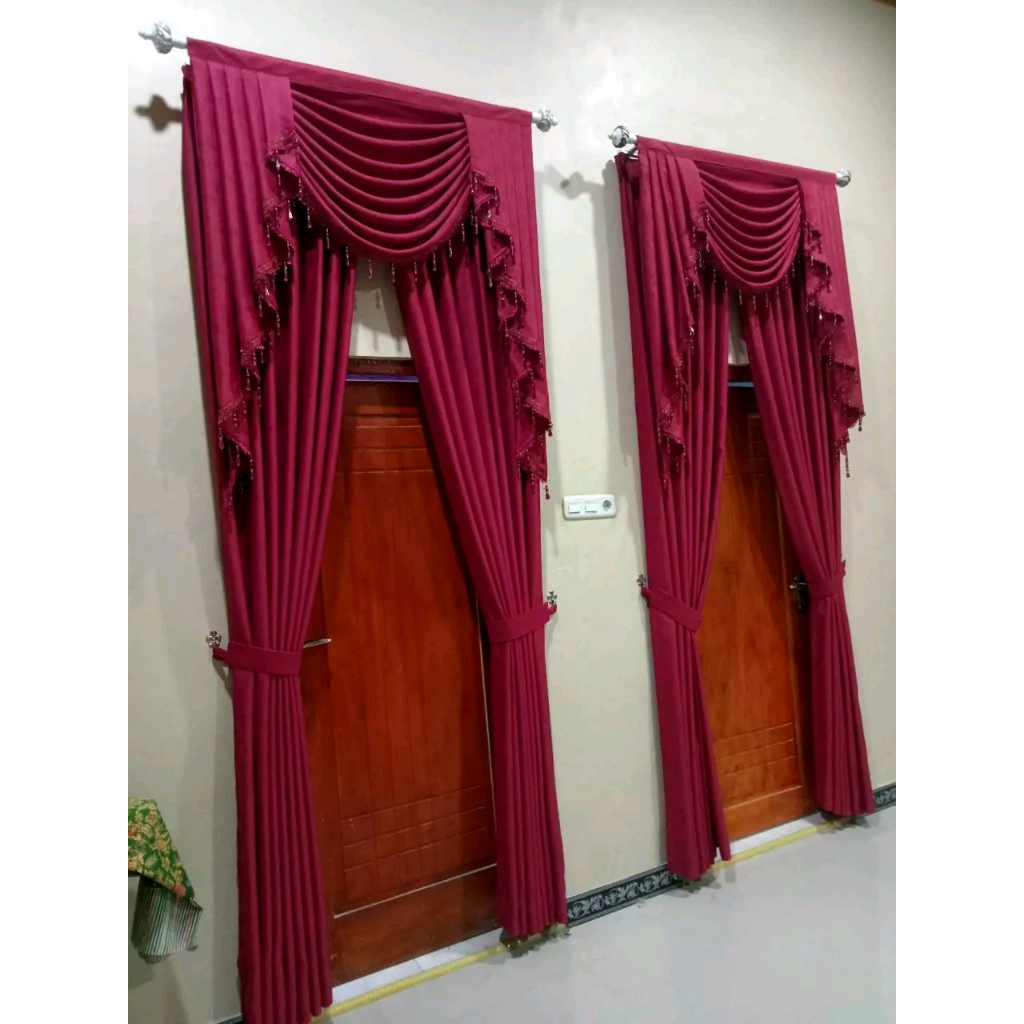 Gorden Pintu Kamar Model Poni Gelombang L100 Warna Merah,Gold,Abu Muda/Tua Dan Coklat