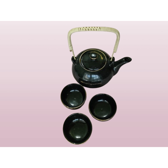 POCI TEH SET 3 CANGKIR GELAS TEA POT HITAM KERAMIK