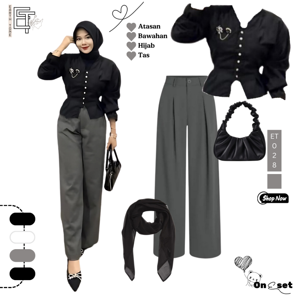 READY Oneset Korean Style Wanita - Blouse Katun + Jennie Knit Pants + Hijab Paris Jadul + Tas Bahu
