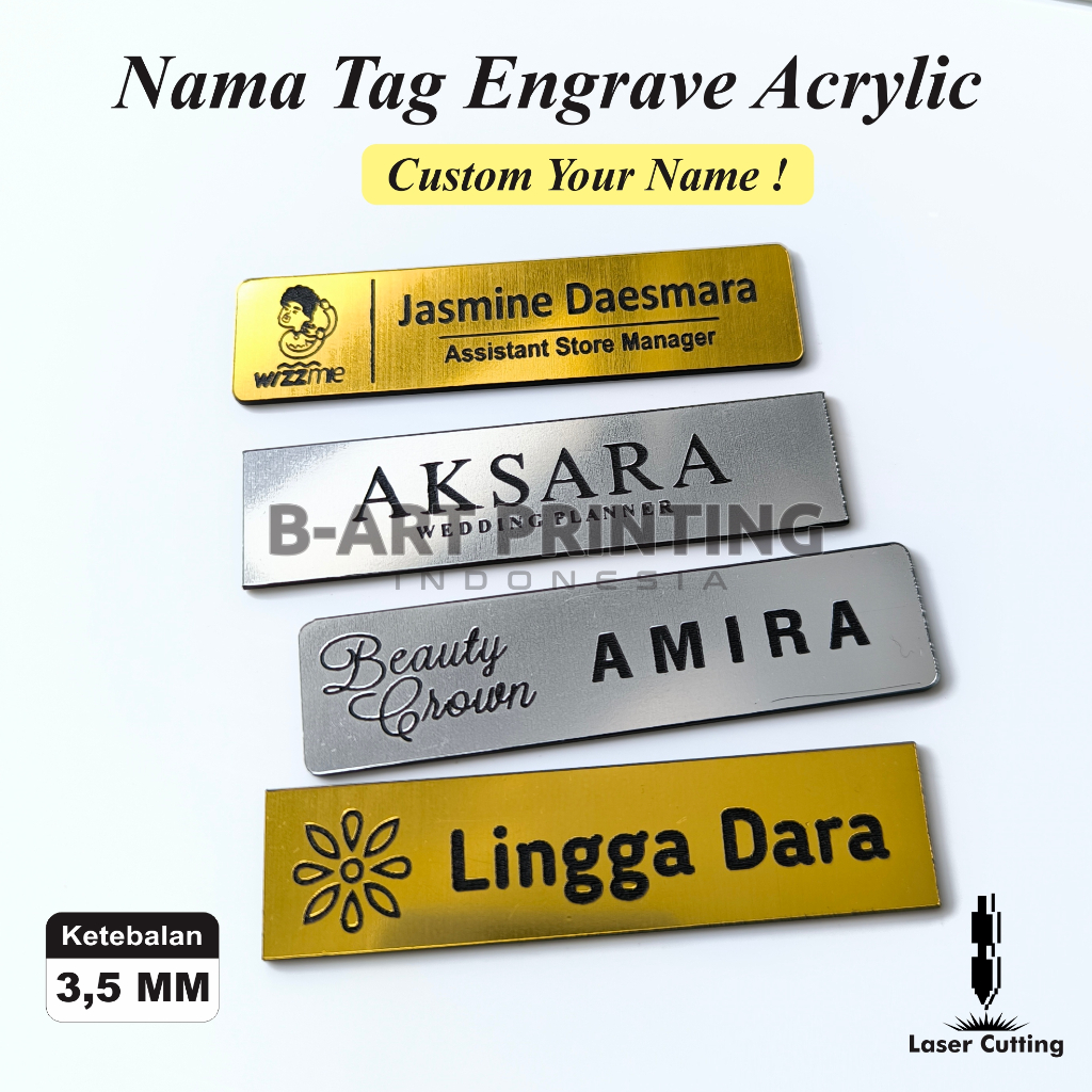 

Name Tag Ukir Gravir Papan Nama Gold Putih dan Silver Neme tag PNS / Nametag Akrilik Gold dan Silver / Nametag Akrilik / Nametag Murah / Nametag Gravir / Gravograph