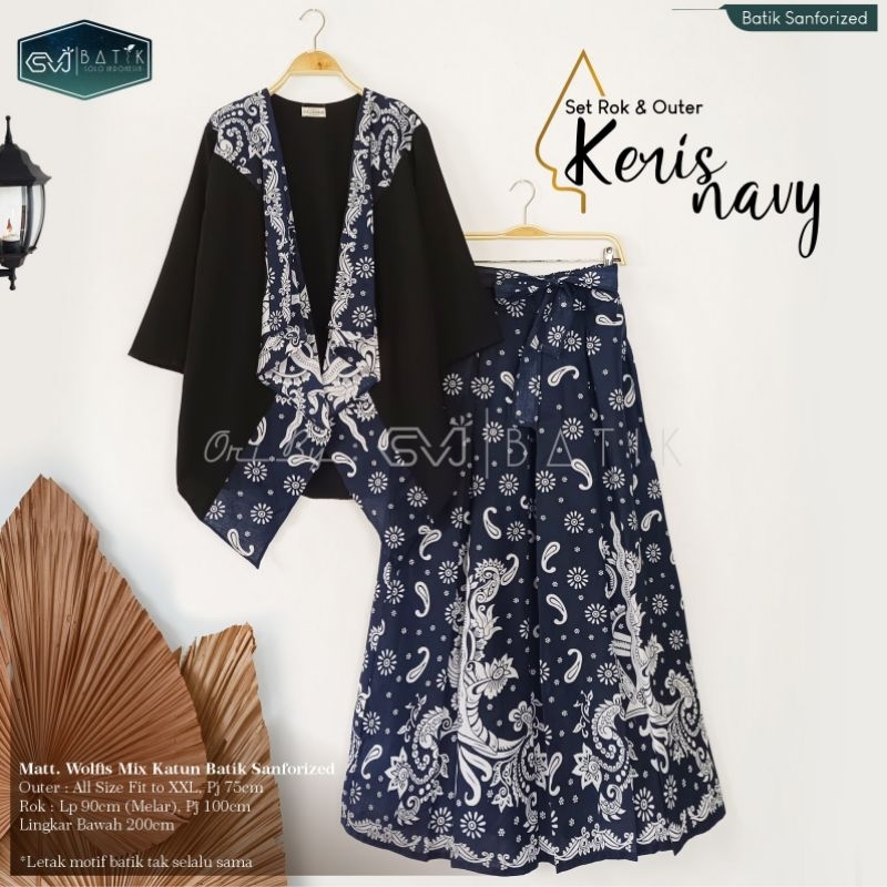 SET BATIK WANITA MODEL TERBARU ATASAN OUTER ROK BATIK KONDANGAN KANTOR KEKINIAN EKSKLUSIF KERIS NAVY