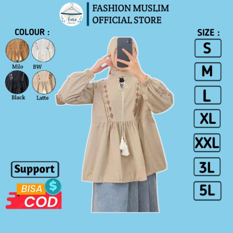 Bonbon Blouse - LD 140 130 120 110 dst - Atasan Bordir Jumbo Bahan Linen - Kemeja Wanita Jumbo
