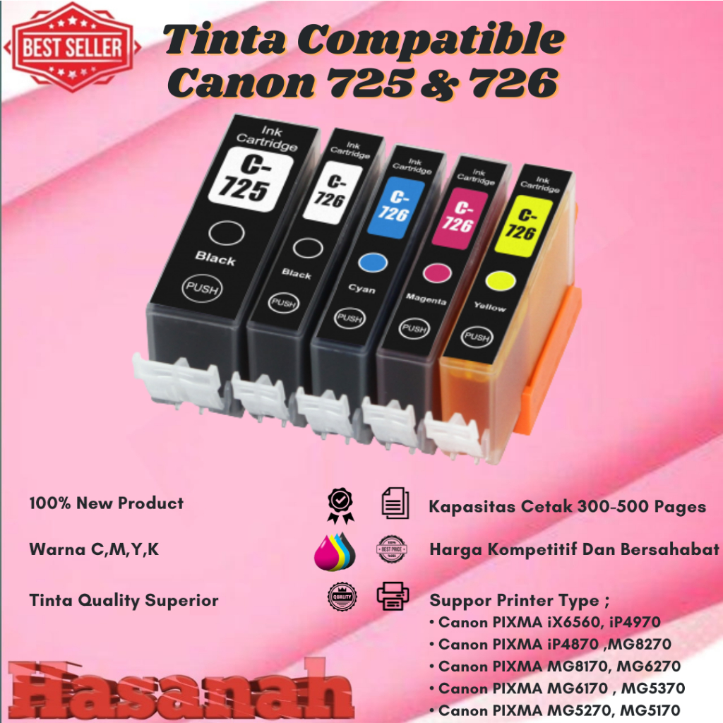 Tinta Catridge Compatible Canon PGBK 725 & 726 1 Set ( 5pcs ) For Printer Canon PIXMA iX6560, PIXMA 