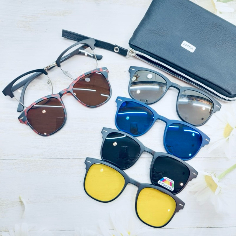 Kacamata Klip On Kotak 5 in 1 Pria / Wanita 2218A Paket Lensa Blueray Photocromic Bluecromic Reg Min