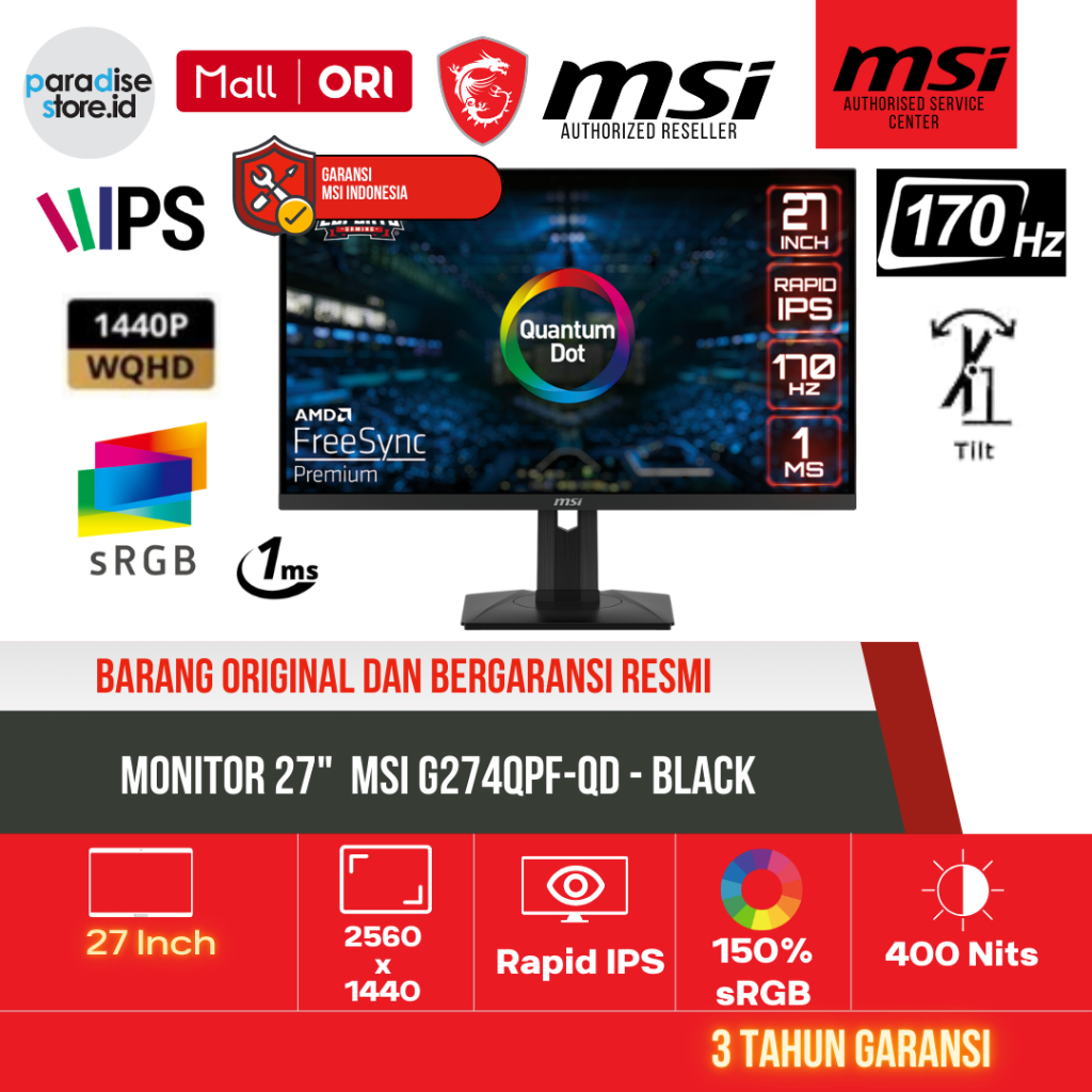 MSI G274QPF-QD Gaming Monitor 27" WQHD Rapid IPS 170Hz 1ms