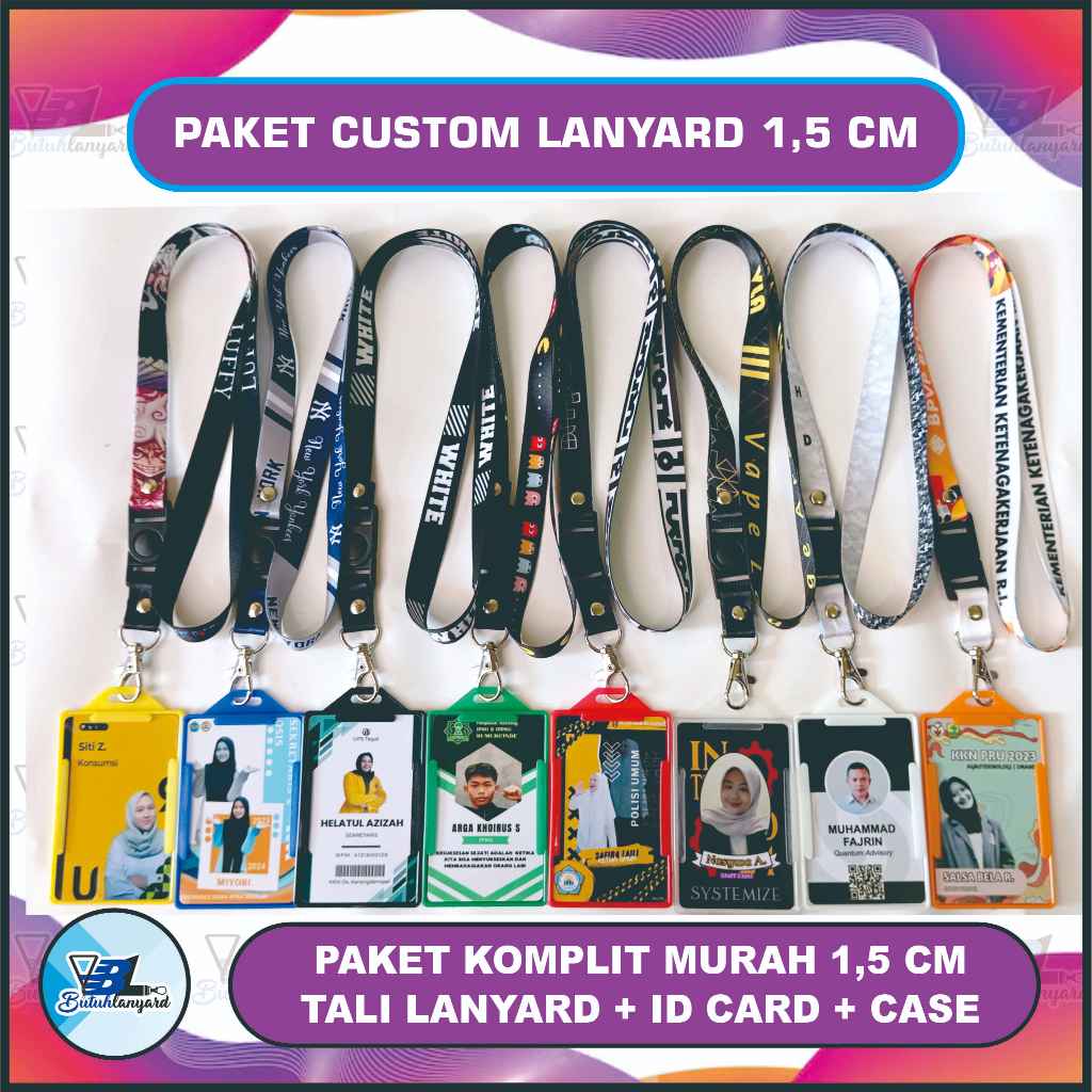 

SATU SET PAKET NAME TAG CETAK TALI LANYARD PRINT SUBLIM PRIMIUM TALI LANYARD + CASING BIASA + ID CARD COSTUM UKURAN 1,5 CM