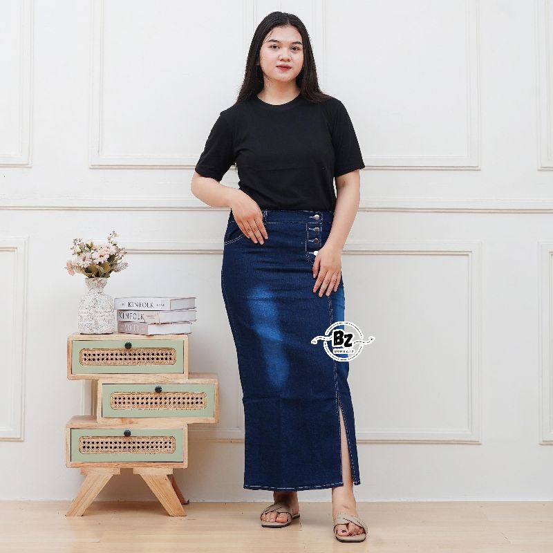 Jumbo rok jeans Stretch // skirt jeans kancing panjang bahan tebal premium