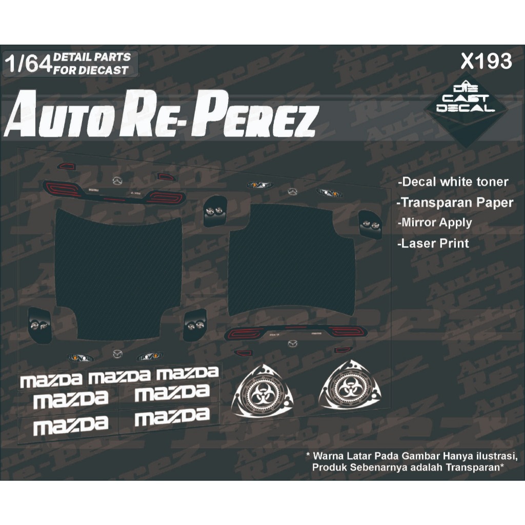 Decal WHITE TONER Carbon X193 Mazda RX7 FD untuk DIECAST 1/64