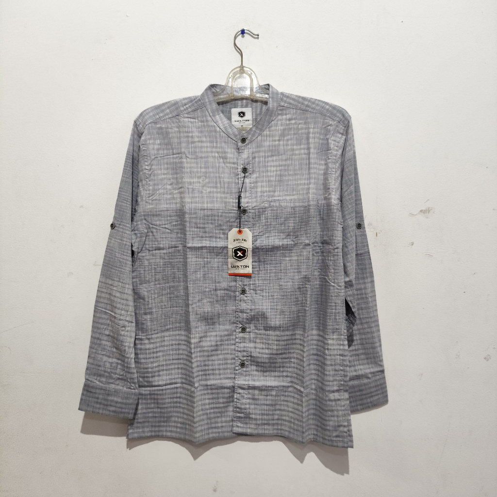 LUXTON Kemeja Casual Pria Kerah Shanghai Model Garis Abu Lengan Panjang LXKJYDR12