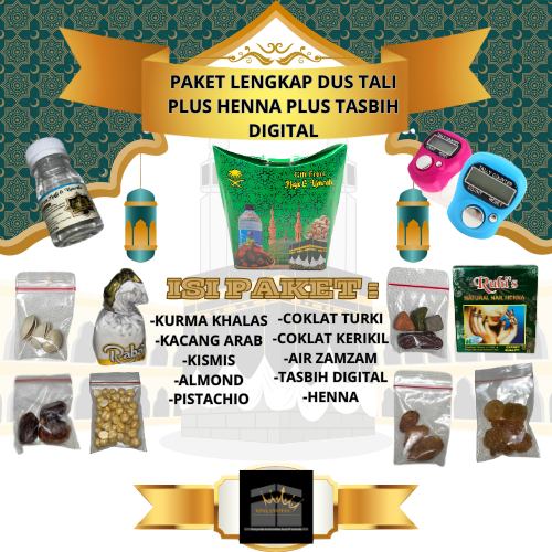 

Oleh-oleh haji dan umroh variasi dus tali paket lengkap plus henna plus tasbih digital