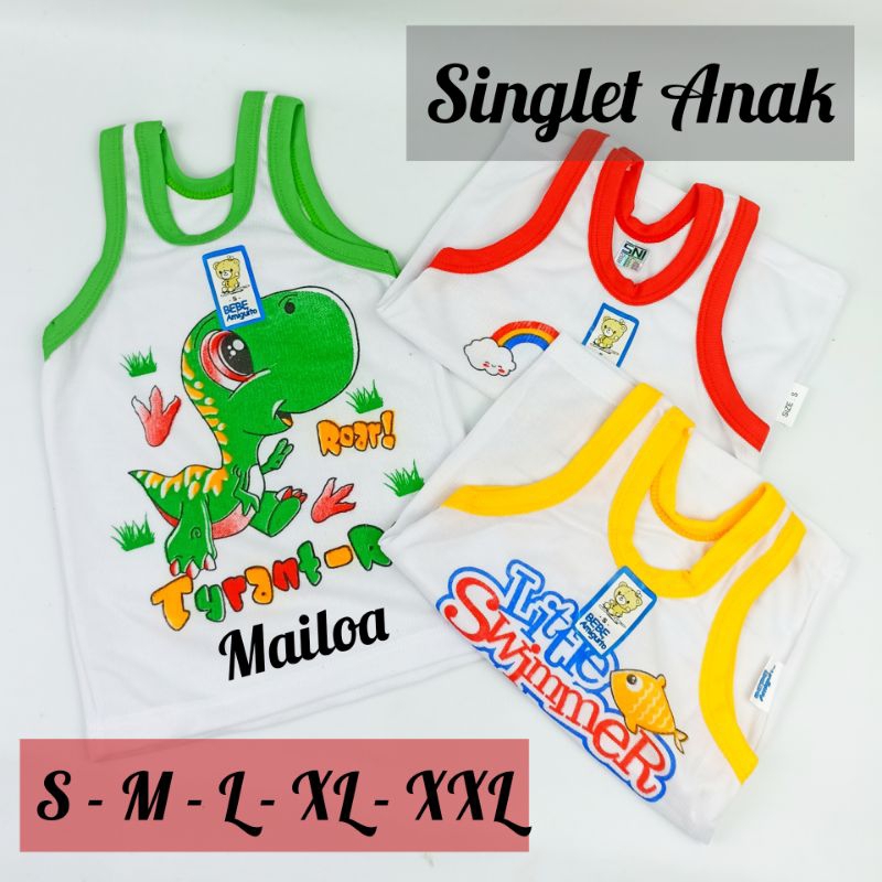 GROSIR 6 Pcs - Singlet Motif Anak Cowok Cewek S M L XL XXL BEBE AMIGUITO Sablon Putih Warna Variasi 