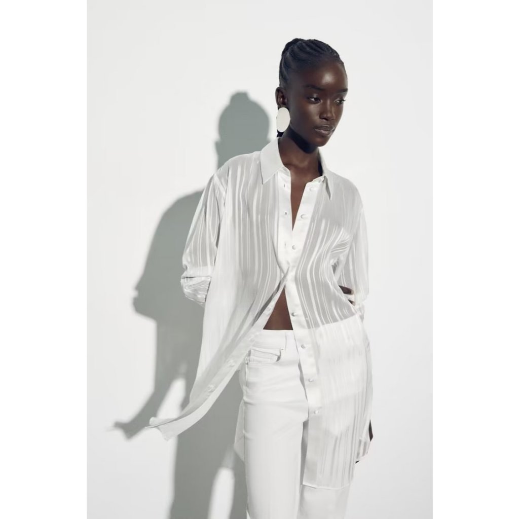 Dress Transparan Lengan Panjang Oversize Korean White Stripe Dress