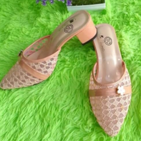 Heels Slop 5cm Bahan Brukat Heels Hak Tahu 5cm terbaru