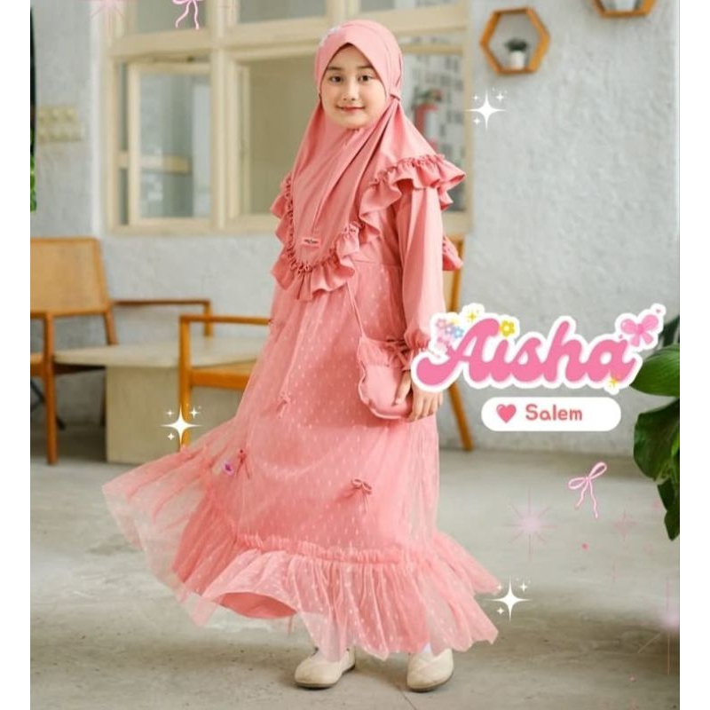 aisha dress kids  usia 4-11 tahun  ukuran M-L-XL-XXL  mix tile dot gamis terbaru gamis anak