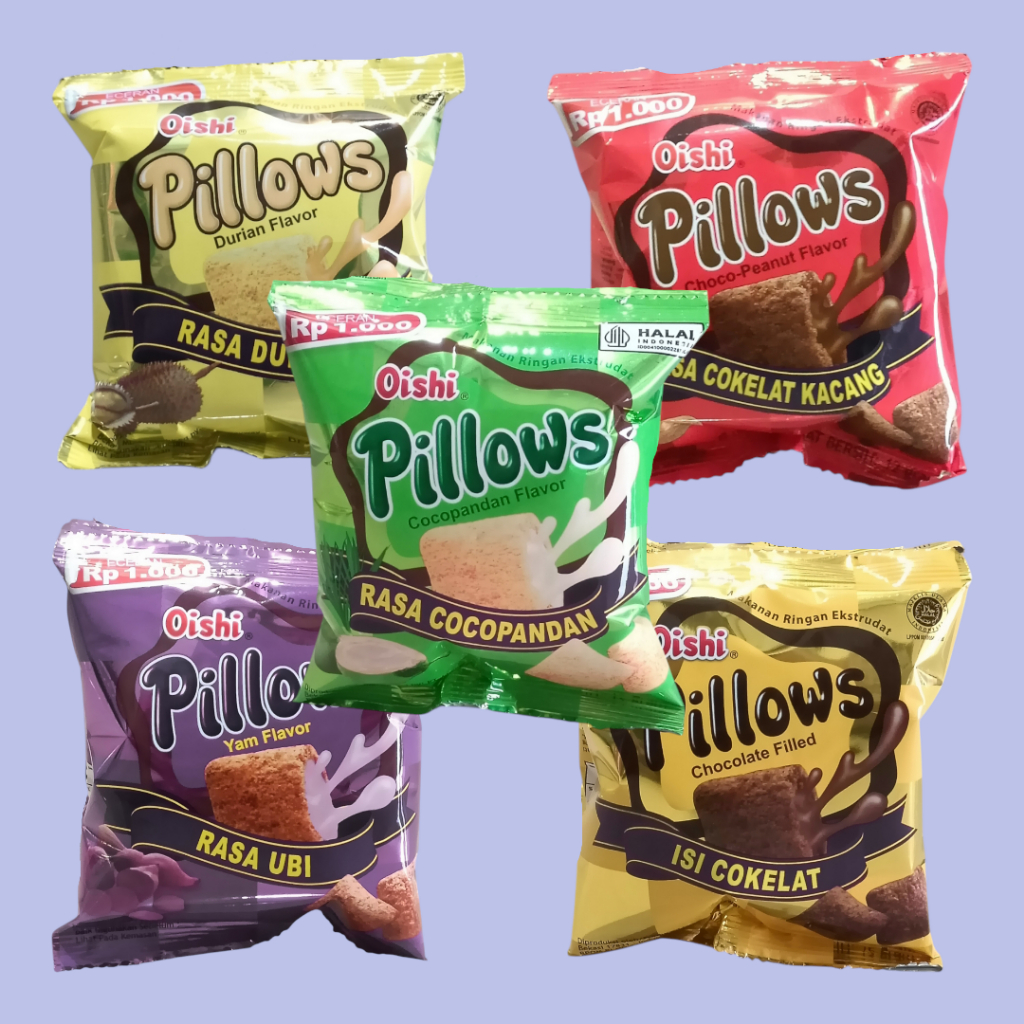 

OISHI PILLOW Coklat, Ubi, Cocopandan, Durian, Coklat Kacang, Stroberi, dan Keju 12gr Snack [10 pcs/renceng]