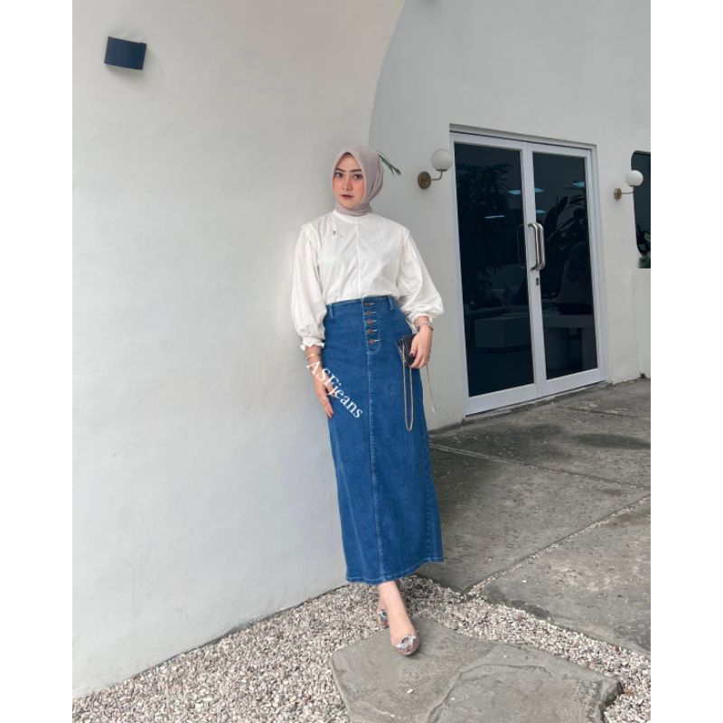 ROK SPAN KANCING 5 rok sepan melar wanita panjang kekinian rok kancing 5 terbaru rok belah belakang