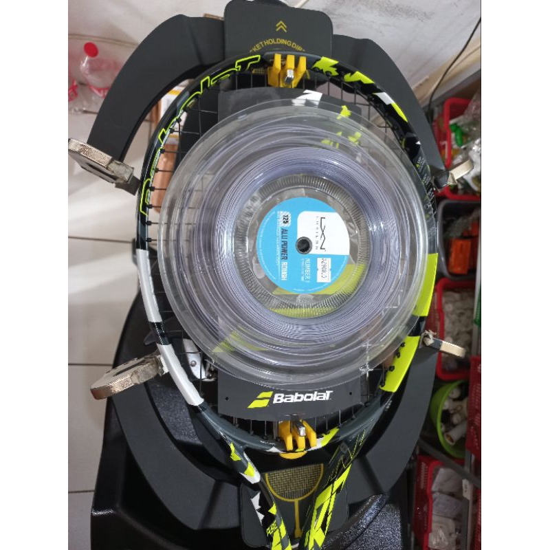 Senar raket tenis luxilon alu power rough + pasang 4 simpul mesin Digital