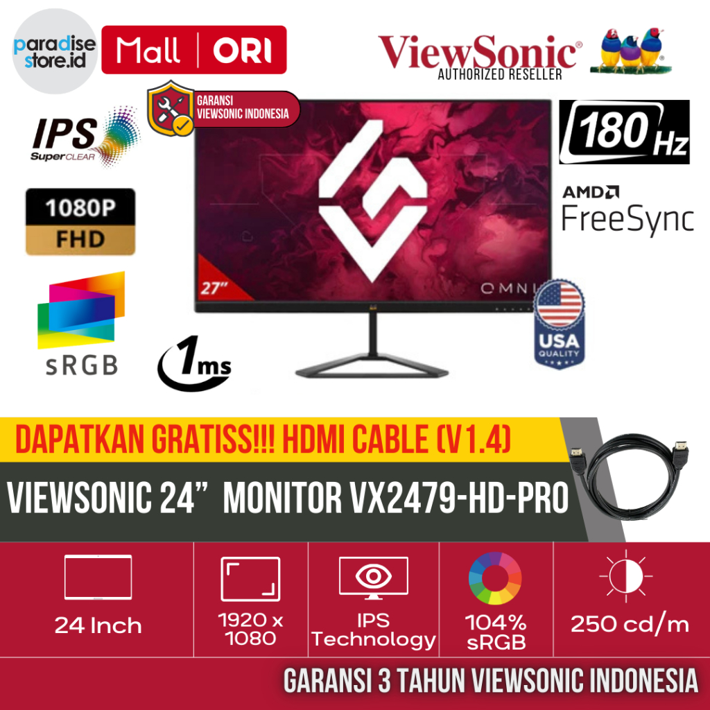 Monitor Gaming ViewSonic VX2479-HD-PRO  24" FHD IPS 180hz 1ms HDR10 VX2457A-HD-PRO 170hz