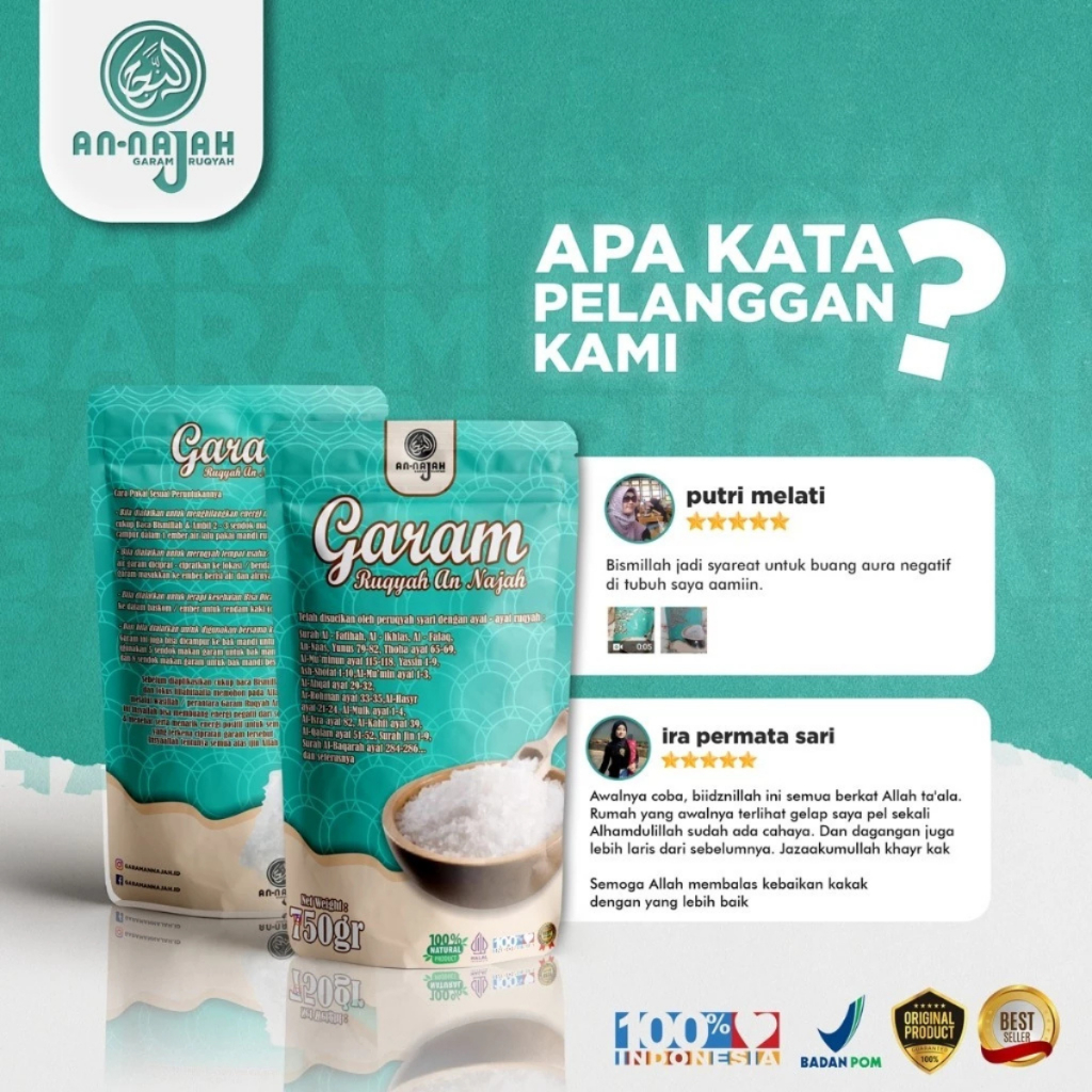 

An-Najah Garam Ruqyah Asli / Wasilah Perantara Membuang Aura Negatif / Membuka Aura Positif / Garam Ruqyah Tolak Bala