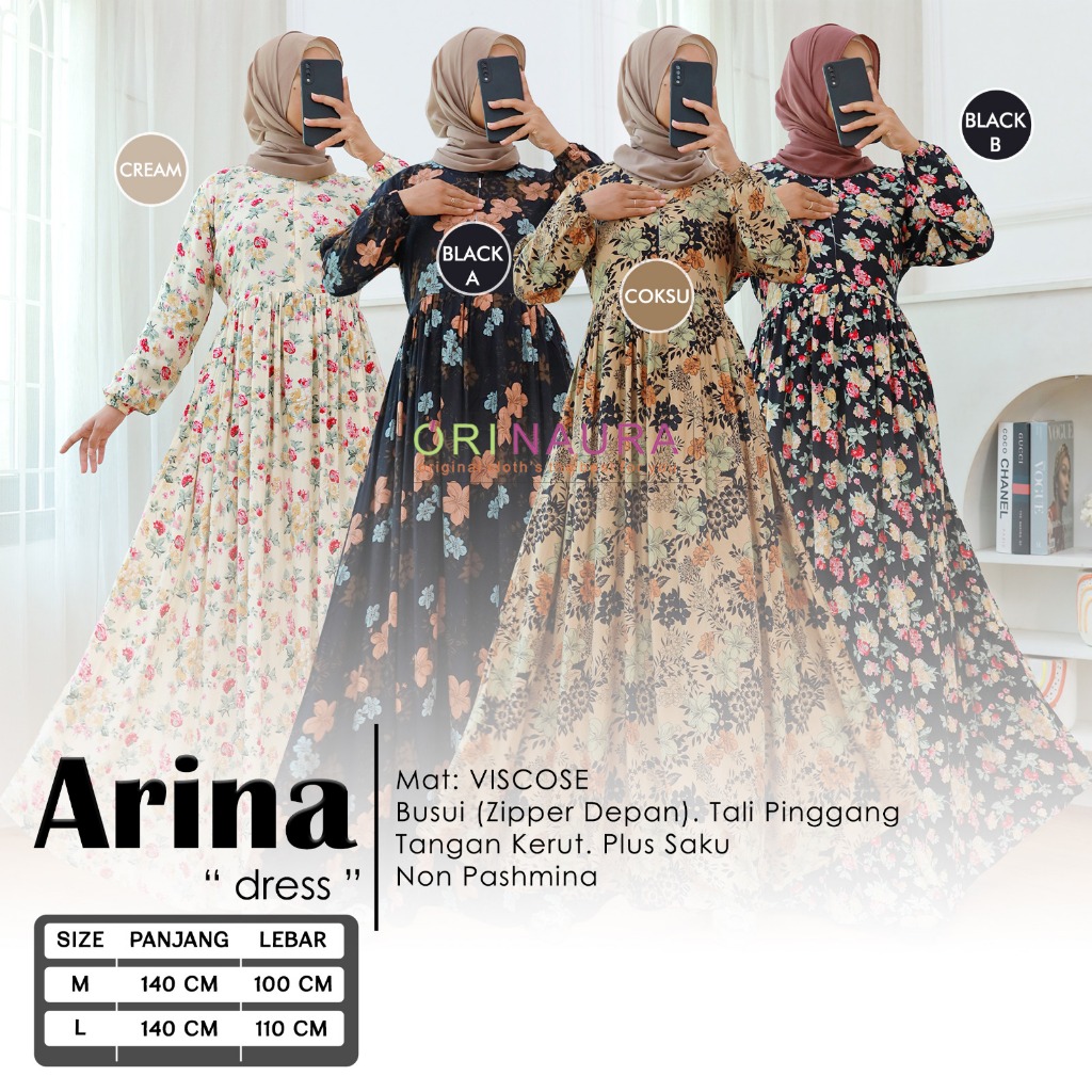 Gamis Rayon Viscose Motif Bunga Abstrak Cantik || Akira Dress || Arina Dress || Hara Dress By Ori Na