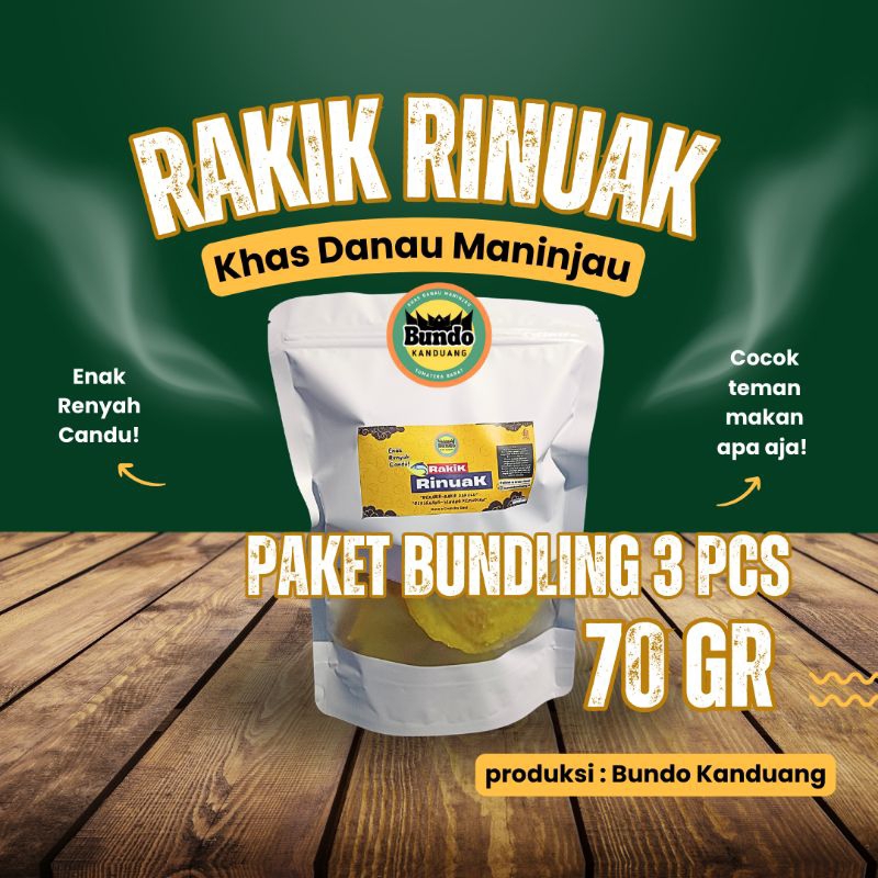 

Paket Bundling 3 pcs 70gr / Rakik Rinuak / Peyek Rinuak / Bundo Kanduang / Khas Danau Maninjau
