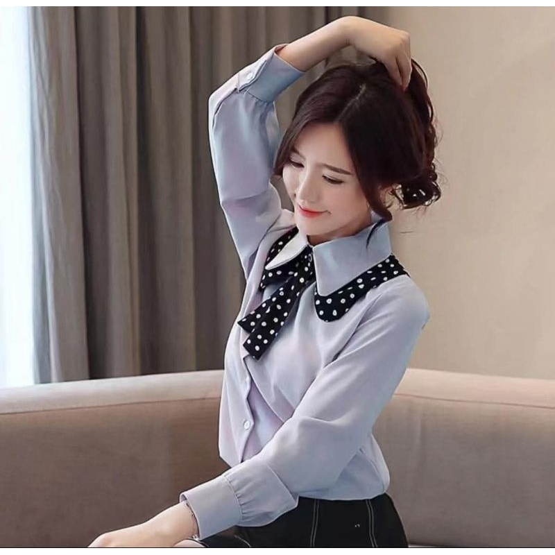 Kemeja lengan panjang wanita ukuran besar gaya Korea motif polkadot dasi kupu kupu awal musim gugur 