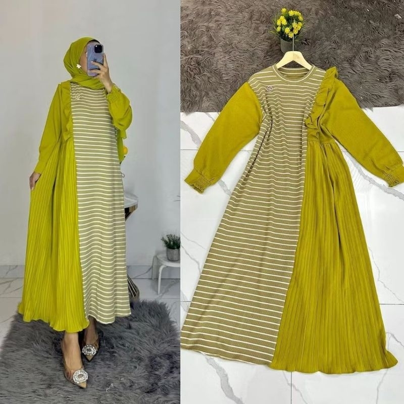 Nisya - gamis dress baju maxy import premium crinckle plisket jumbo M L XL XXL salur garis acara pes