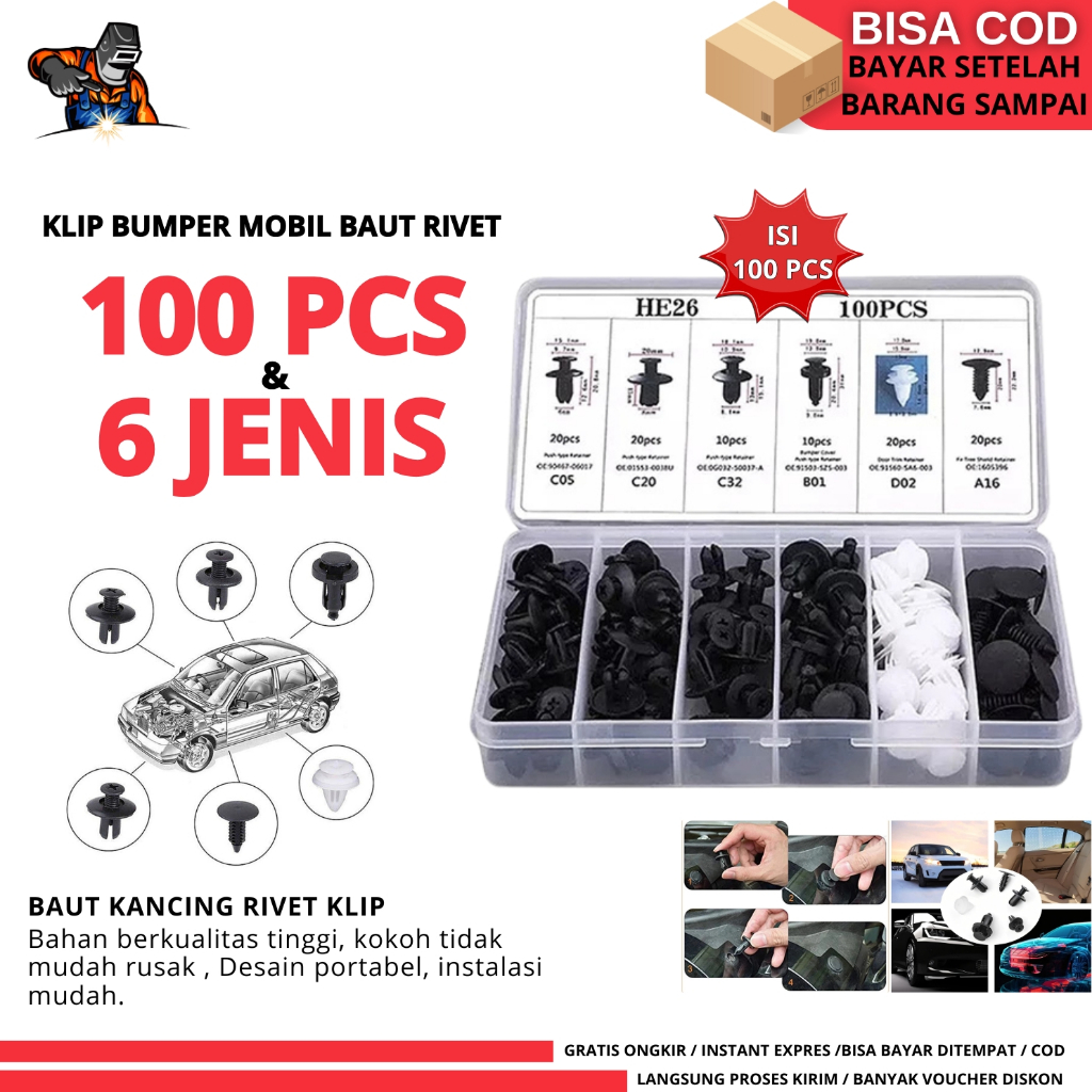 100PCS Klip Bumper Mobil Baut Rivet Mobil Baut Rivet Baut Rivet Mobil Rivet Screw Bamol Baut Body Mo