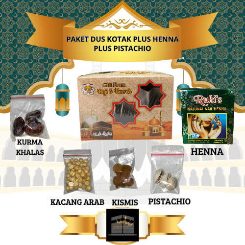 

paket dus kotak oleh-oleh haji dan umroh plus henna plus pistachio