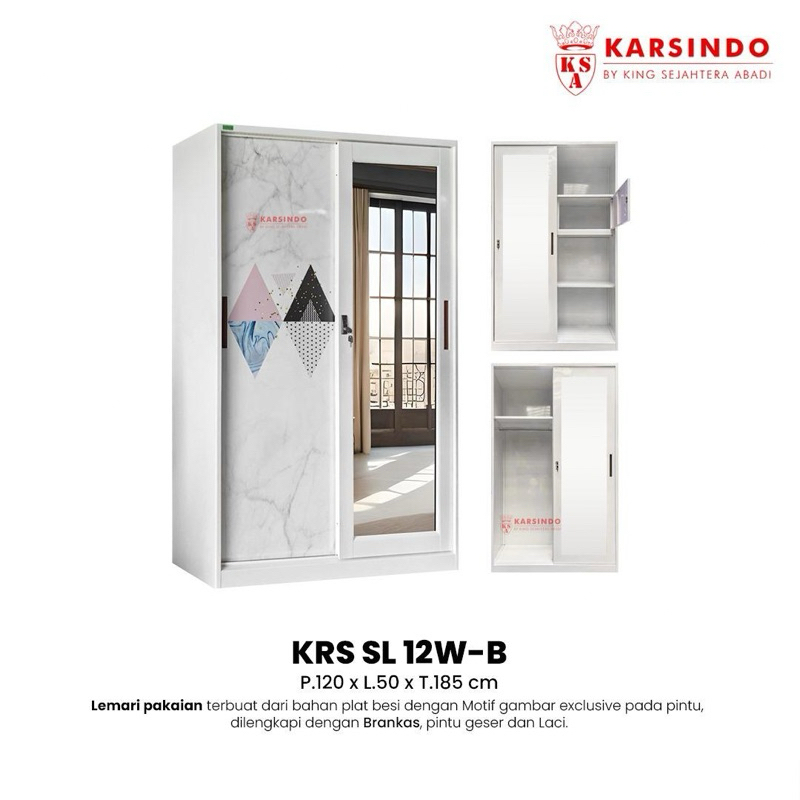 Lemari Baju Pakaian Plat Besi Sliding Cermin Karsindo