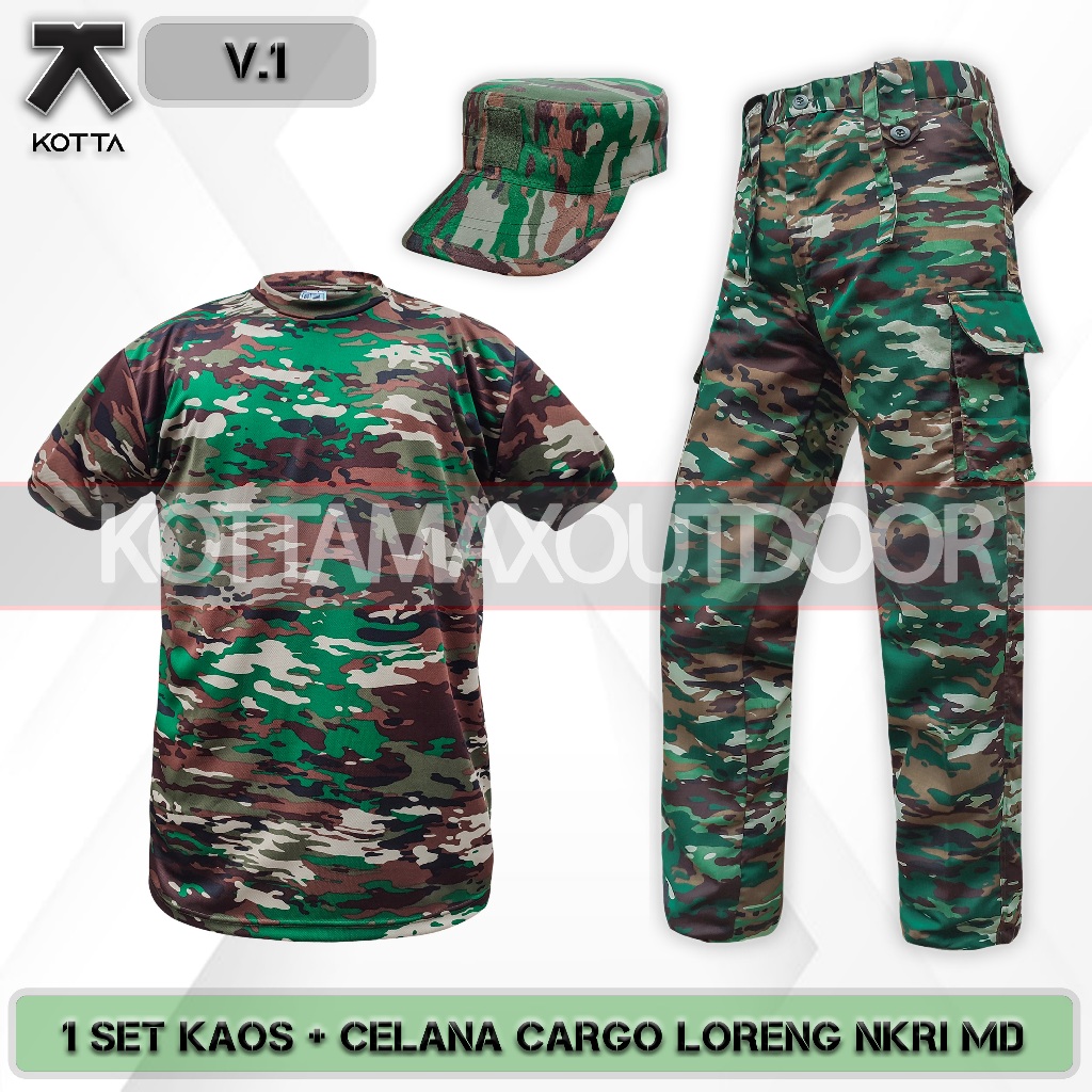 SATU SET SETELAN BAJU KAOS DRIFIT DRYFIT TOPI CELANA PDL PANJANG CARGO LORENG TNI KASAD NKRI MATRA D